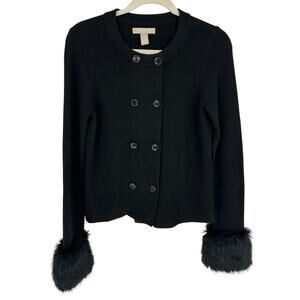 Banana Republic Black Merino Wool Cashmere Cardigan Faux Fur Winter Party S